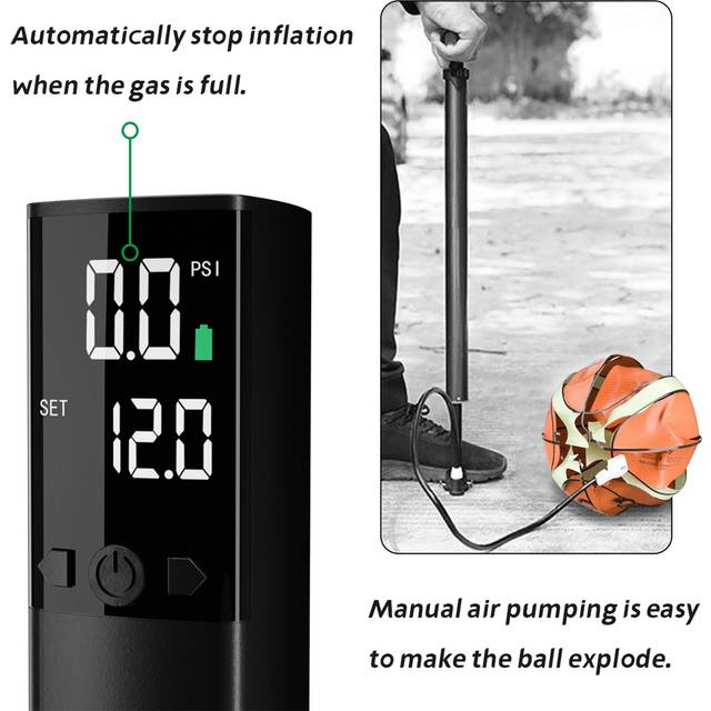 Electric Air Ball Pump, Portable Rechargeable Ball Pump with LCD Display LED Light 12 PSI Mini Air black