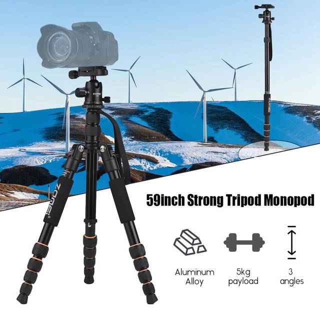 ZOMEI Q666 59inch Compact Travel Portable Aluminum Alloy Camera Tripod Monopod with Ball Head/