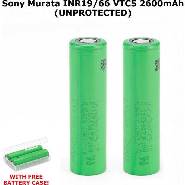(4 PACK) Sony Murata VTC5 INR 18650 2600mAh 3.6V High-Drain 20A Lithium Ion (Li-ion) Unprotected Flat Top Batteries With Battery Case