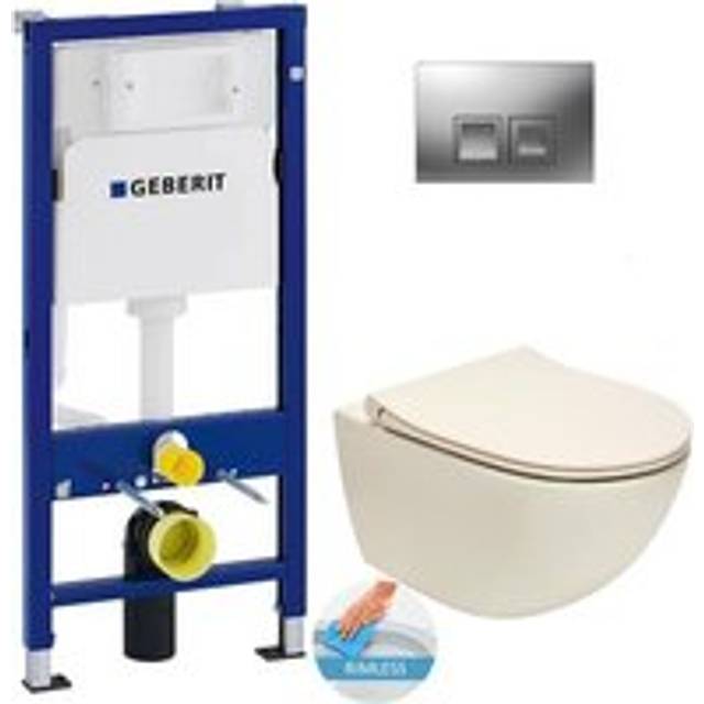 Geberit - Toilet set Duofix frame + Taupe Vitra Sento rimless toilet + Softclose seat + Matt chrome plate (TaupeSentoGeb2)