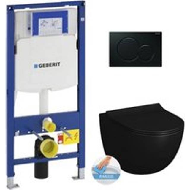 Toilet Set Support frame + Vitra sento Black rimless bowl invisible fixings + Seat + Black plate (GebBlackSento-A) - Geberit