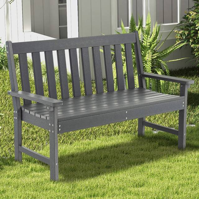 132 CM All-Weather HDPE Garden Bench with Backrest and Armrests-Grey