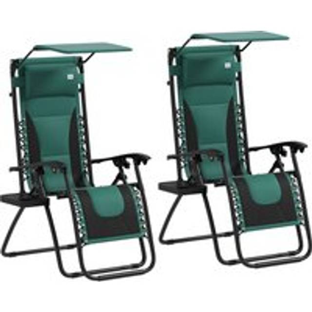 Outsunny Zero Gravity Lounger Chair Set of 2, Folding Reclining Patio Chair with Shade Cover, Cushion and Headrest for Poolside, Camping, Green