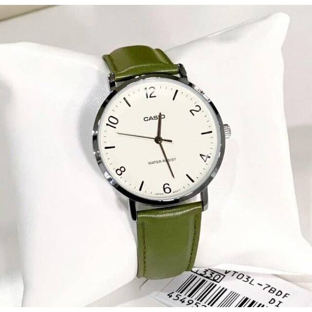 Casio Standard Analog Green Leather Strap White Dial Quartz MTP-VT03L-7B Men&#39;s Watch