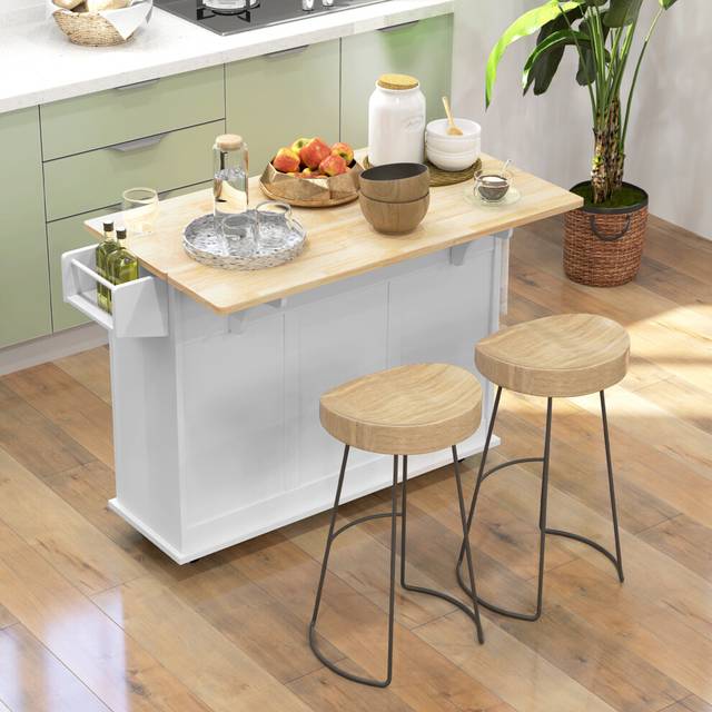HOMCOM Kitchen Island on Wheels, Kitchen Cart with Drop Leaf, White, White