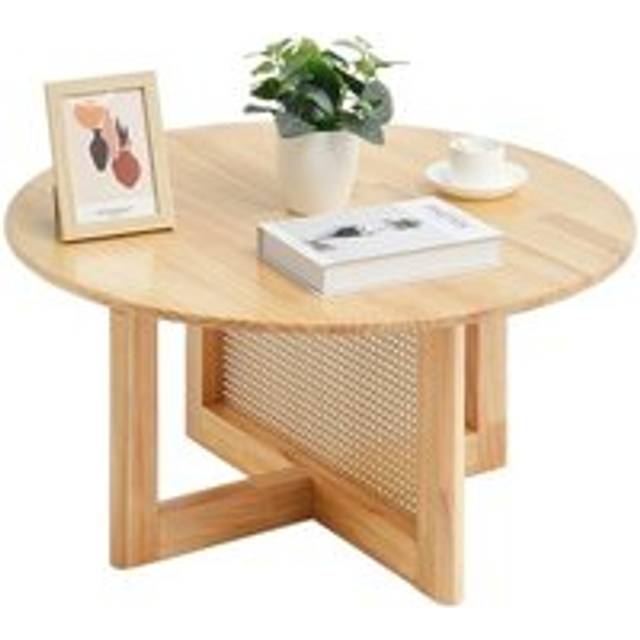 VEVOR Rattan-Couchtisch Rund Holz-Kaffeetisch Einstufig Wohnzimmer 85x85x42cm