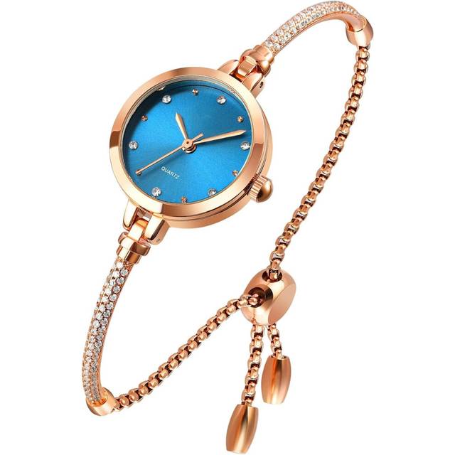 Women Small Rose Gold Diamonds Bracelet Waterproof Wristwatch