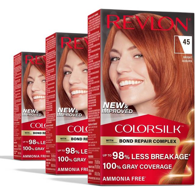 Revlon ColorSilk with Bond Repair Complex Permanent Hair Color 100 Gray Coverage Ammonia Free Hair Dye Vegan Keratin 45 Bright Auburn Pack of 3