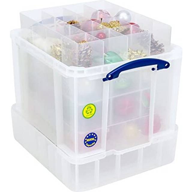Really Useful Plastic Storage Box 35 Litre with XXL Lid with 4 Trays 1x6 + 1x9 + 1x12 + 1x16 Compartments Clear