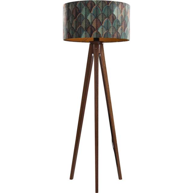 Golvlampa i valnötsträ med sammetslampskärm och bladmotiv 50 cm - Tripod Classic