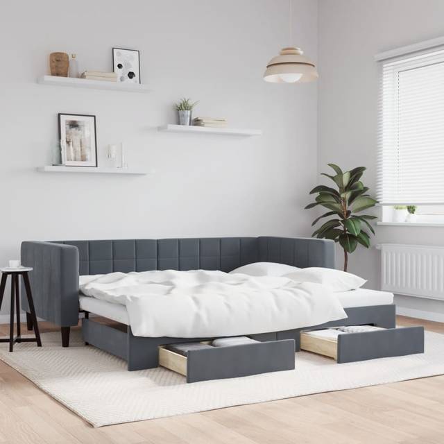 daybed med udtræk og skuffer 90x200 cm velour mørkegrå