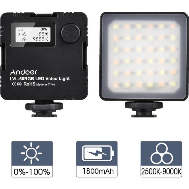 Andoer LVL-60RGB Mini Tvåfärgad LED-videoljus 2500K-9000K Dimbar Inbyggt uppladdningsbart batteri svart