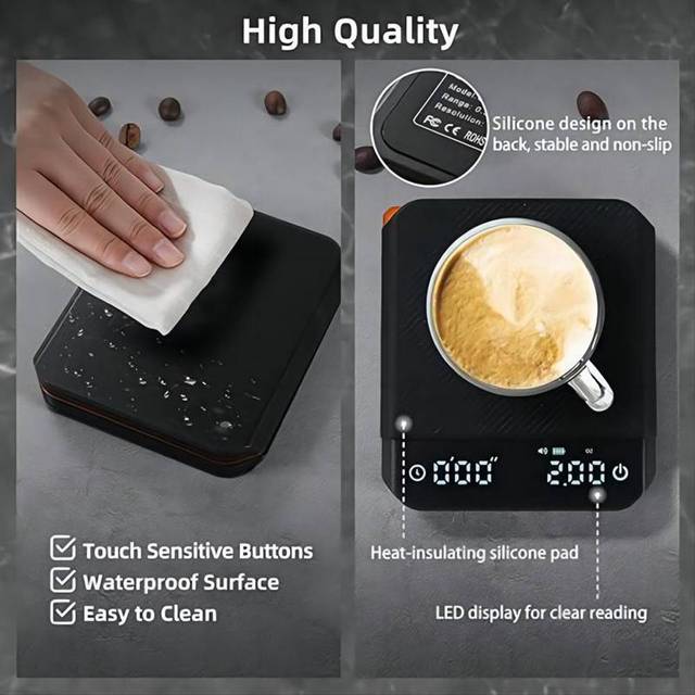 Coffee Scale with Timer 2000g/0.1g Rechargeable Espresso Scale Portable Digital Kitchen Scale with svart