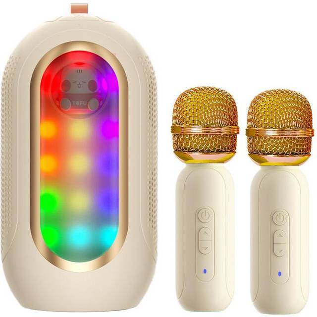 Mini Karaoke Machine Wireless Microphone and Speaker Set with 2 Microphone Rechargeable LED Color beige