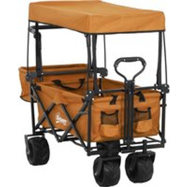 Outsunny Folding Trolley Cart Storage Wagon Beach Trailer 4 Wheels with Handle Overhead Canopy Cart Push Pull For Shopping Camping, Orange