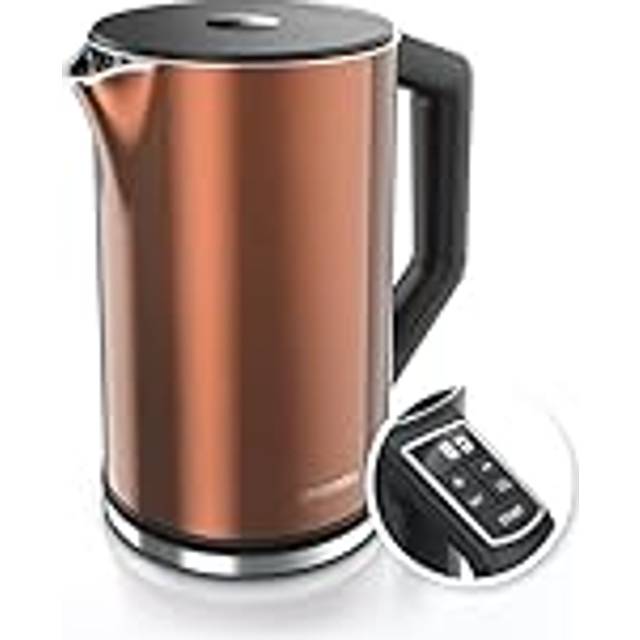 Arendo - Vattenkokare i rostfritt stål med temperaturinställning 40–100 grader i 5 steg – dubbelväggsdesign – Modell ELEGANT – 1,5 liter – 2 200 W – tekokare med temperaturdisplay – GS – koppar