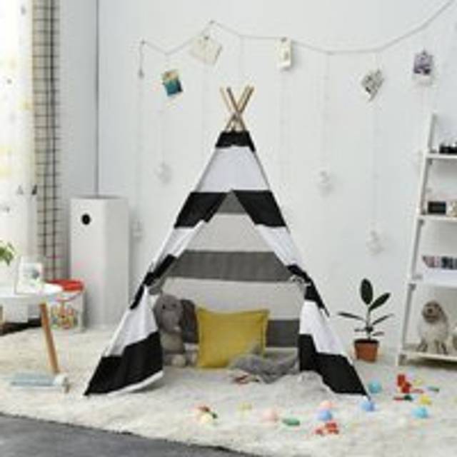 Ikodm - Foldable Kids Teepee Tent - Play Tent for Girls and Boys - White Canvas - Indoor and Outdoor Toy - Black 1.3m
