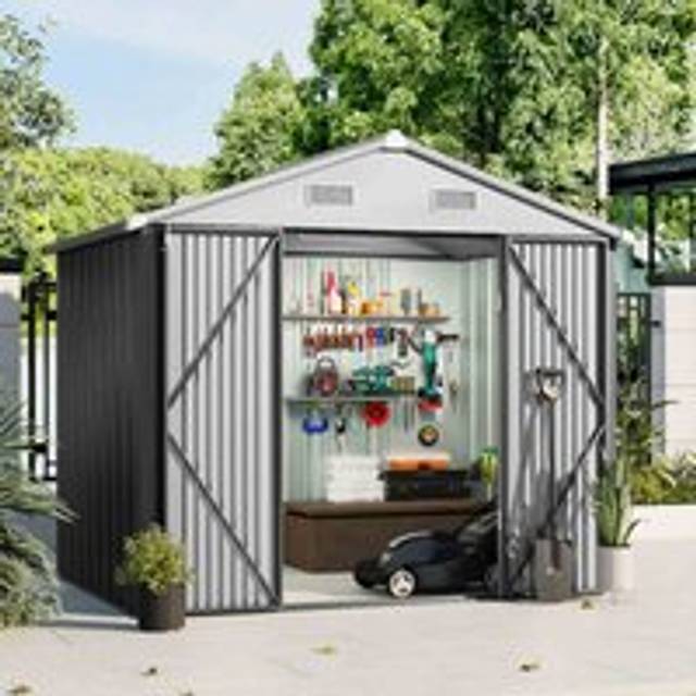 Garden Sanctuary 6 X 8 Ft Metal Storage Shed With 2 Lockable Doors, Grey