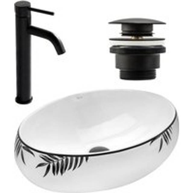 REA - set countertop washbasin shila + bathroom faucet lungo black matt + plug universal black matt