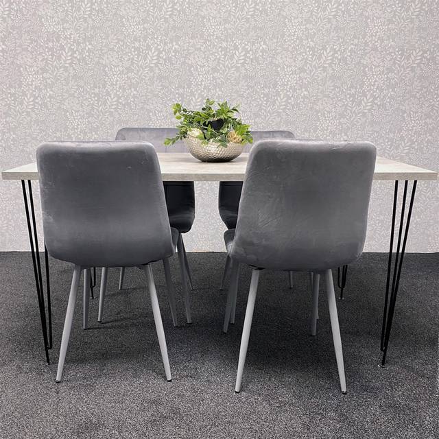 Grey Dining Table with Hairpin Legs, Bench & 4 Black Velvet Chairs Set for Kitchen & Dining Room