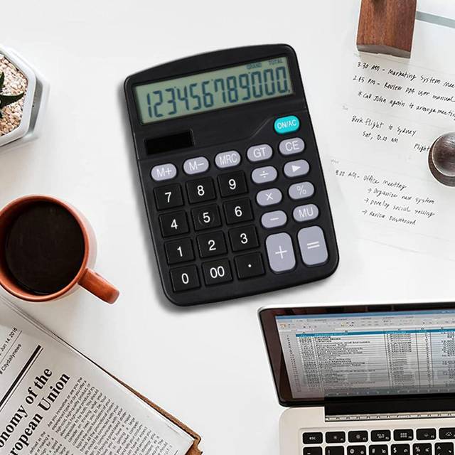 Desktop Calculator 12 Digit Large and LCD Display Big Button Calculators Solar Power and Battery black