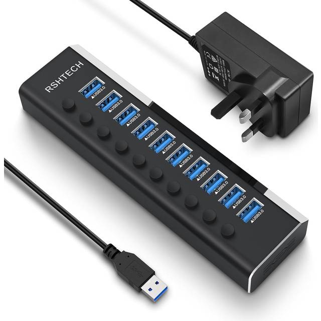 Powered USB 3.0 Hub RSHTECH 10 Port Aluminum USB 3.0 Data Hub Splitter with Individual On/Off Switches and 12V/3A Power Adapter (RSH-A10)