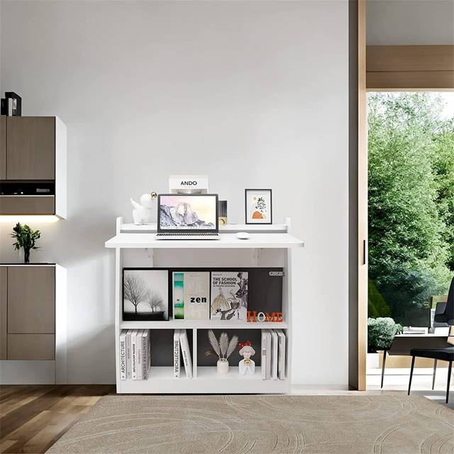 Wall Mounted Drop-Leaf Table, Wooden Laptop Desk, Foldable Hanging Table Shelf, Multifunctional Computer Workstation With Storage Compartments In Home - White