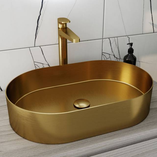 RAK INGOT Oval Stainless Steel Wash Basin with FFW Brushed Gold