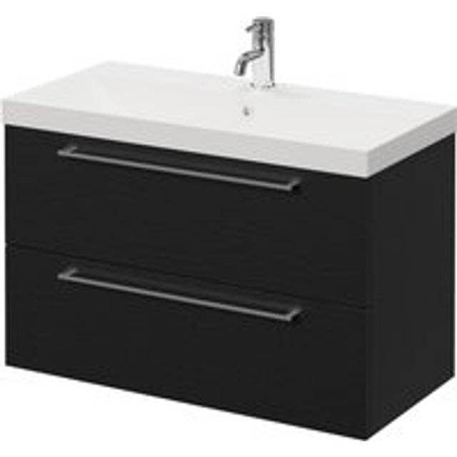 Napoli Wall Mounted Vanity Unit with 1 Tap Hole Slim Edge Basin and 2 Drawers with Chrome Handles | Nero Oak | MFC | 800mm