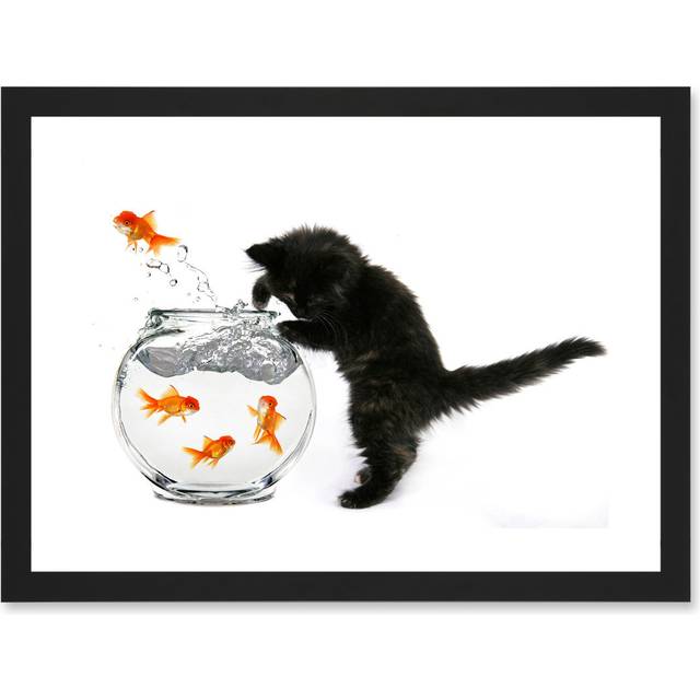 Black Kitten Cat Goldfish Bowl A4 Artwork Framed Wall Art Print - Black;White (23.4cm H X 32.3cm W)