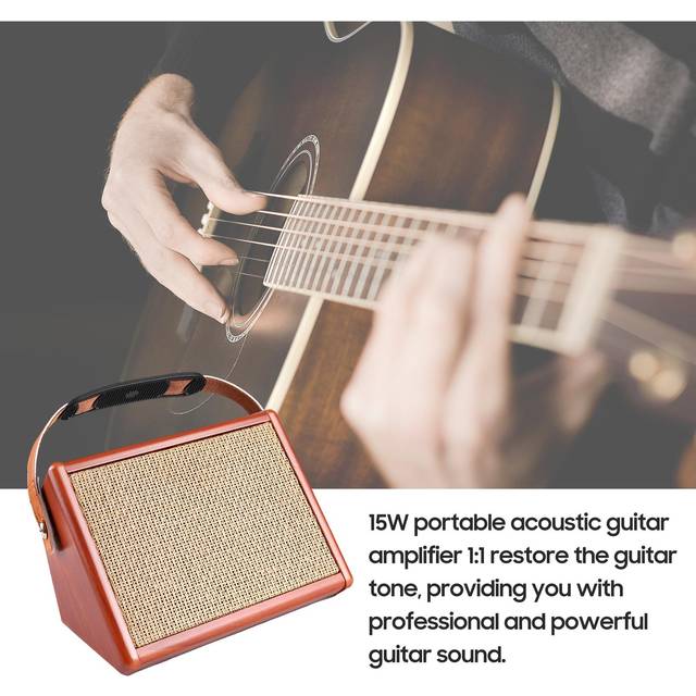 AC-15 15W bärbar akustisk gitarrförstärkare Amp BT-högtalare med mikrofoningång Stöder volym brun