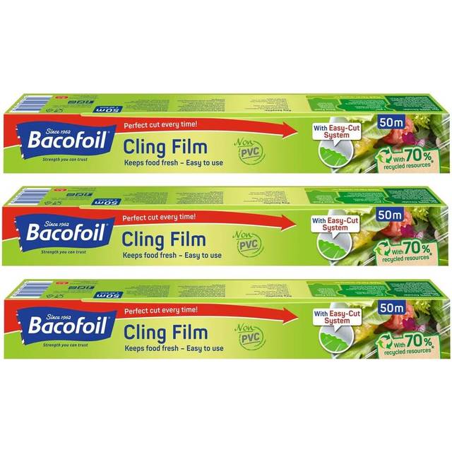 3 x Cling Film PVC Free with Curved Blade Easy Cut Easy to Use BPA Free 100% Recyclable Non-PVC Perfect for Food Wrapping Freezing and Keeps Food