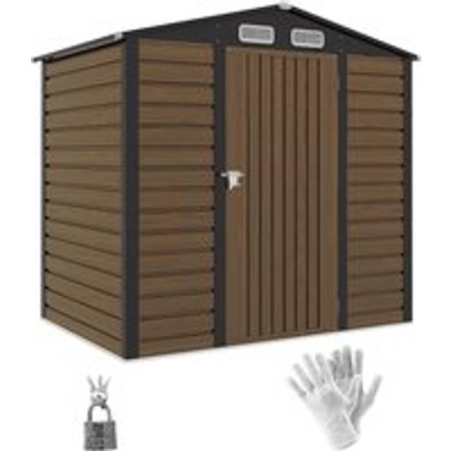 Outsunny 4 x 6ft Galvanised Steel Garden Shed, with Lock and Gloves - Oak