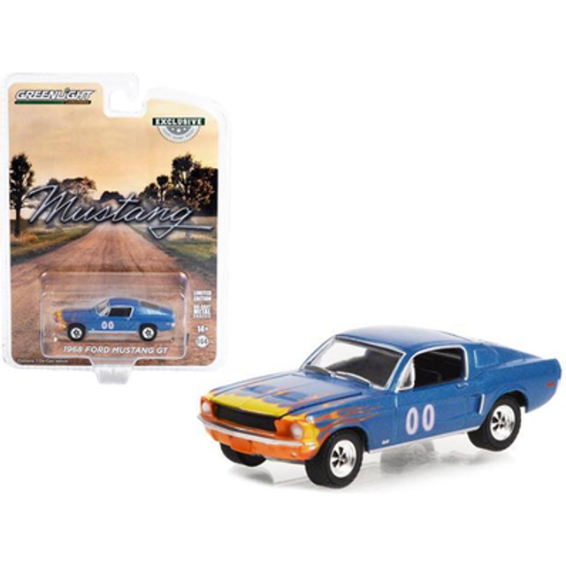1968 Ford Mustang GT Fastback 00 Blue Metallic with Flames Graphics &#34;Hobby Exclusive&#34; Series 1/64 Diecast Model Car by Greenlight