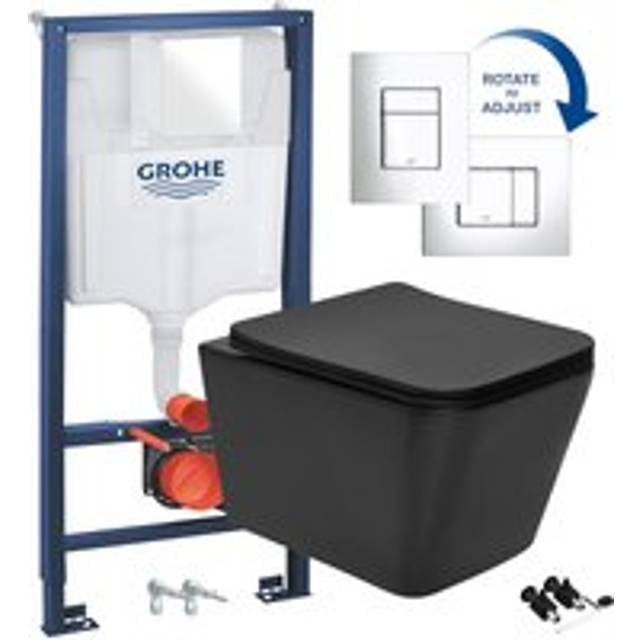 Grohe - Black Square Hidden Fixation Rimless Wall Hung Toilet Pan & 1.13m Concealed wc Cistern Frame