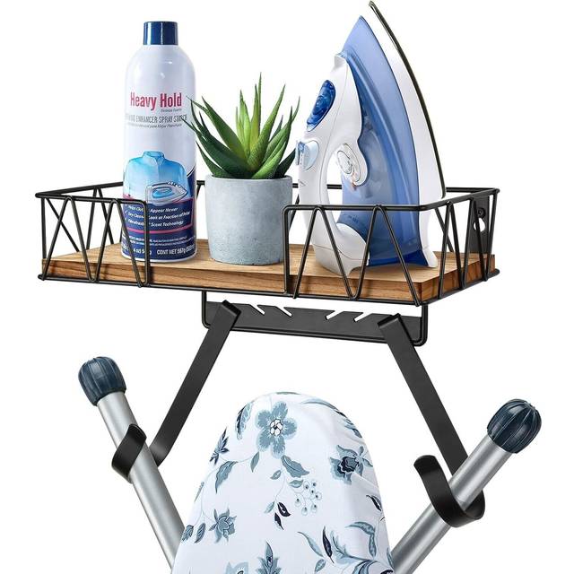 TJ.MOREE Ironing Board Hanger Wall Mount - Laundry Room Iron and Ironing Board Holder with Large Storage Wooden Base Basket and Removable Hooks(T&V