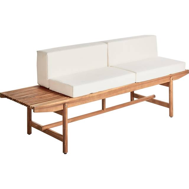 Acacia Wood Garden Bench 210 x 84 cm 2 Seater Rustic Design Light Wood with Off-White Cushions Giaveno