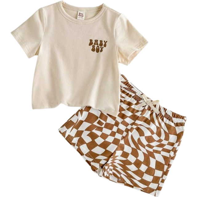 Cozy Pixies Baby Boy Letter Pattern Soft Knitted Short Sleeve Sweater With Colorful Checkered Elastic Waist Casual Shorts, 2pcs/Set
