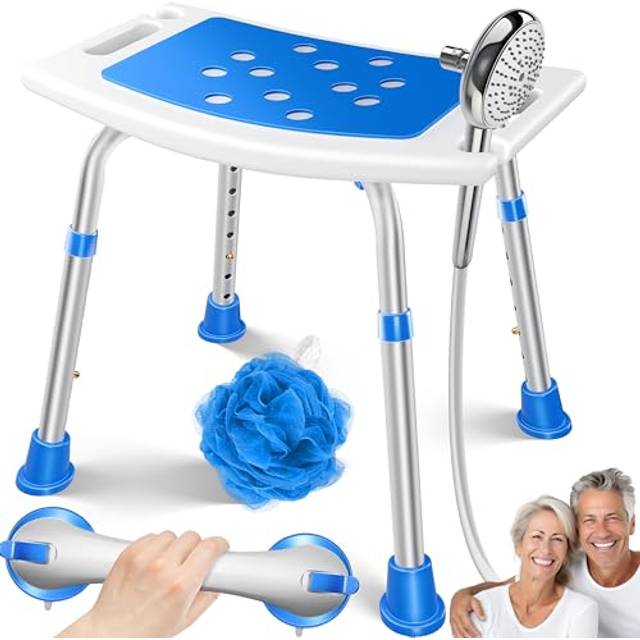 KESSER® Duschpall justerbar i höjd | lätt badrumspall, halkfria gummifötter, duschstol, kan belastas på 150 kg | duschstöd för seniorer | sugkoppsgrepp, badkarshandtag | duschsits med duschhållare