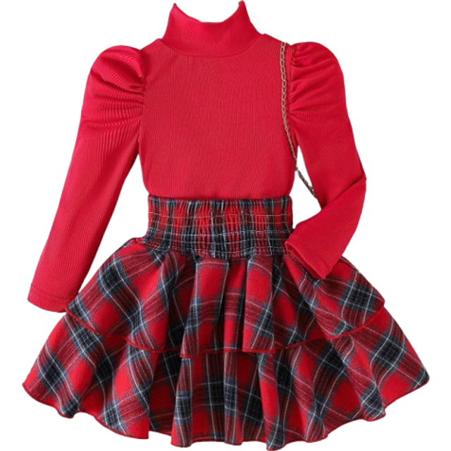 SHEIN Young Girl 2pcs Minimalist Collegiate Half Turtleneck Long Sleeve Top And Plaid Cake Skirt Set, Thin Autumn/Winter