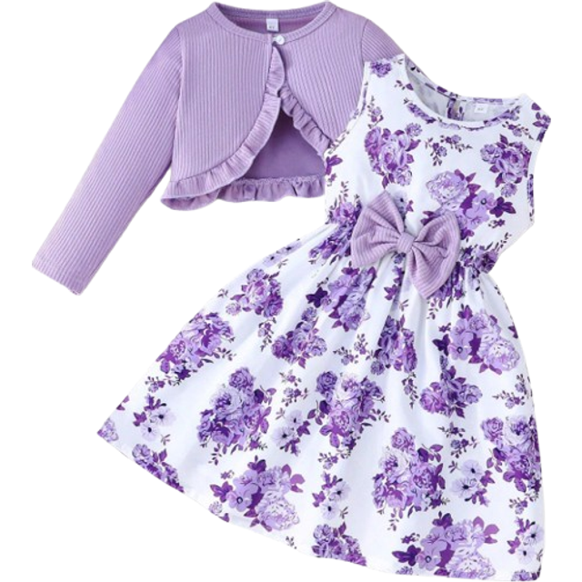 SHEIN 2pcs Young Girl Spring/Autumn Outfit: Elegant Ruffle Trim Jacket Paired With Sleeveless Floral Print Bowknot Dress