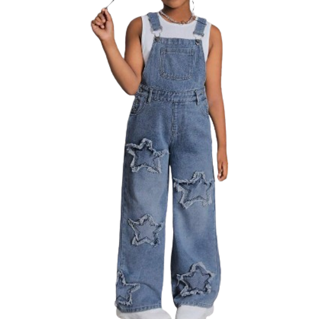 SHEIN Tween Girls&#39; Y2K Casual Stonewashed Frayed Star Pattern Denim Overalls Jumpsuit Without Vest,Tween Girl Back To School Clothes Outfits