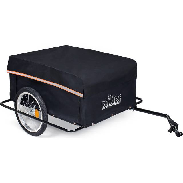 Bicycle trailer up to 65kg with wheel-protection frame, foldable draw-bar, and quick coupling