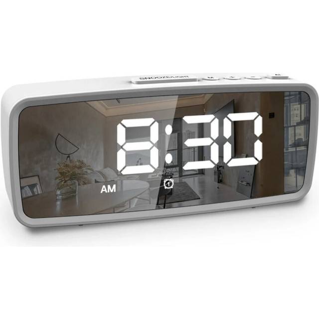 (White, Digital) USB-Rechargeable LED Mirror Digital Alarm Clock with Snooze Mode
