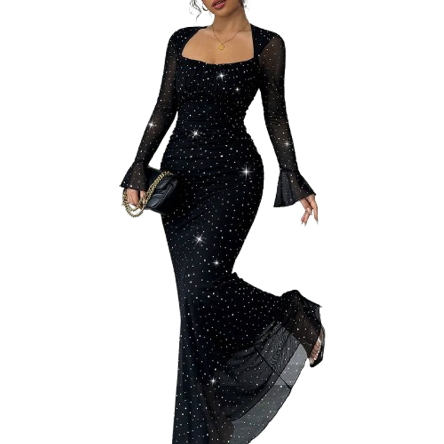 Rafferiza Elegant Party Asymmetric Neck Pleated Front & Side Bodycon Mermaid Hem Long Sleeve Flare Cuff Dress For Women In Black, Autumn/Winter, Jacquard Knit M
