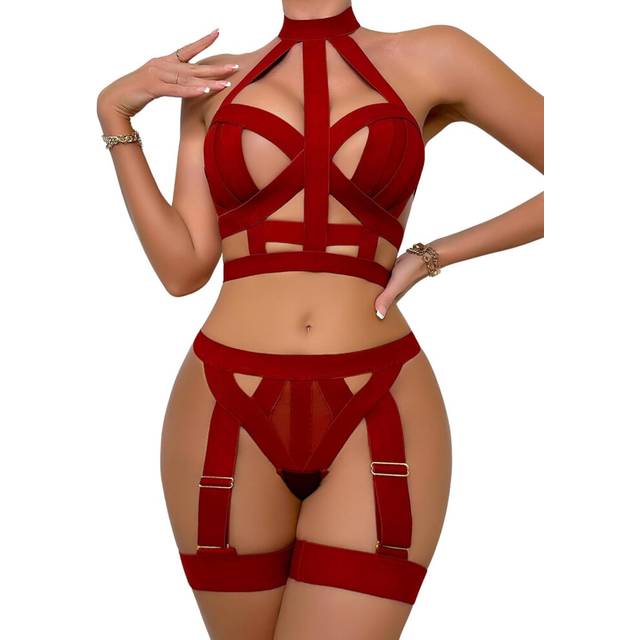(L, Wine Red) Women's Sexy Lingerie Sets 4 Piece Halter Hollow Out Lingerie Sets with Garter Belt Bra and Panty Sets with Thigh Cuffs