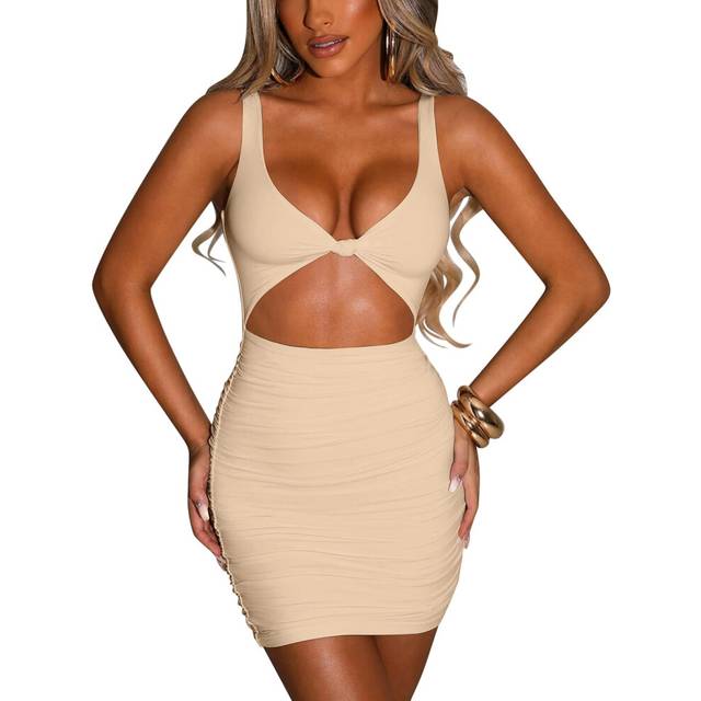 (M, Khaki) Women's Sexy Bodycon Dresses Sleeveless Cut Out Ruched Club Mini Party Dress