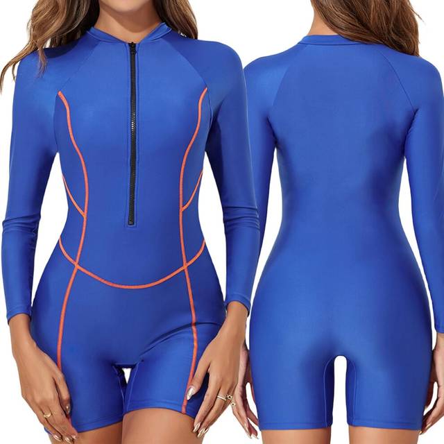 (2XL, Blue) Womens One Piece Rash Guard Swimming Costume Women Long Sleeve  Swimsuit Zip Up Surf Bathing