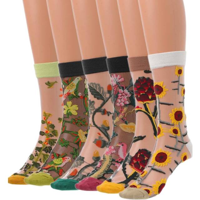 6 Pairs Flower Ankle High Socks Green Embroidery Sheer Casual Socks Ultrathin Breathable Outdoor Mesh Socks for Women Girl