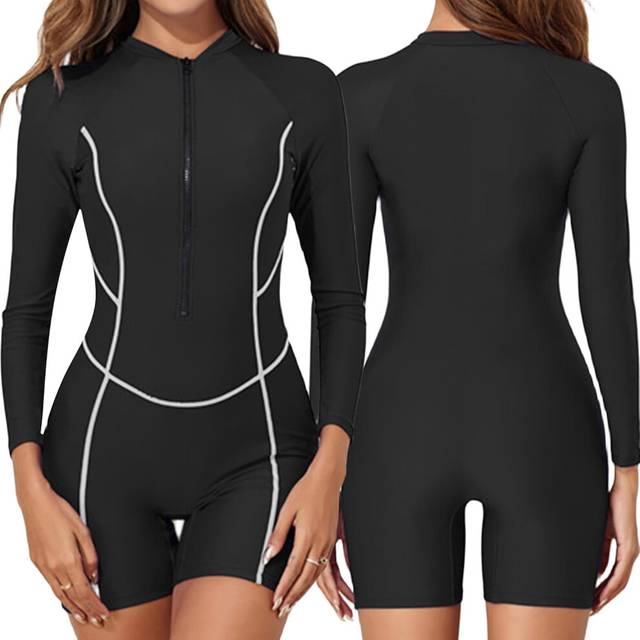 (S, Black) Womens One Piece Rash Guard Swimming Costume Women Long Sleeve  Swimsuit Zip Up Surf Bathing